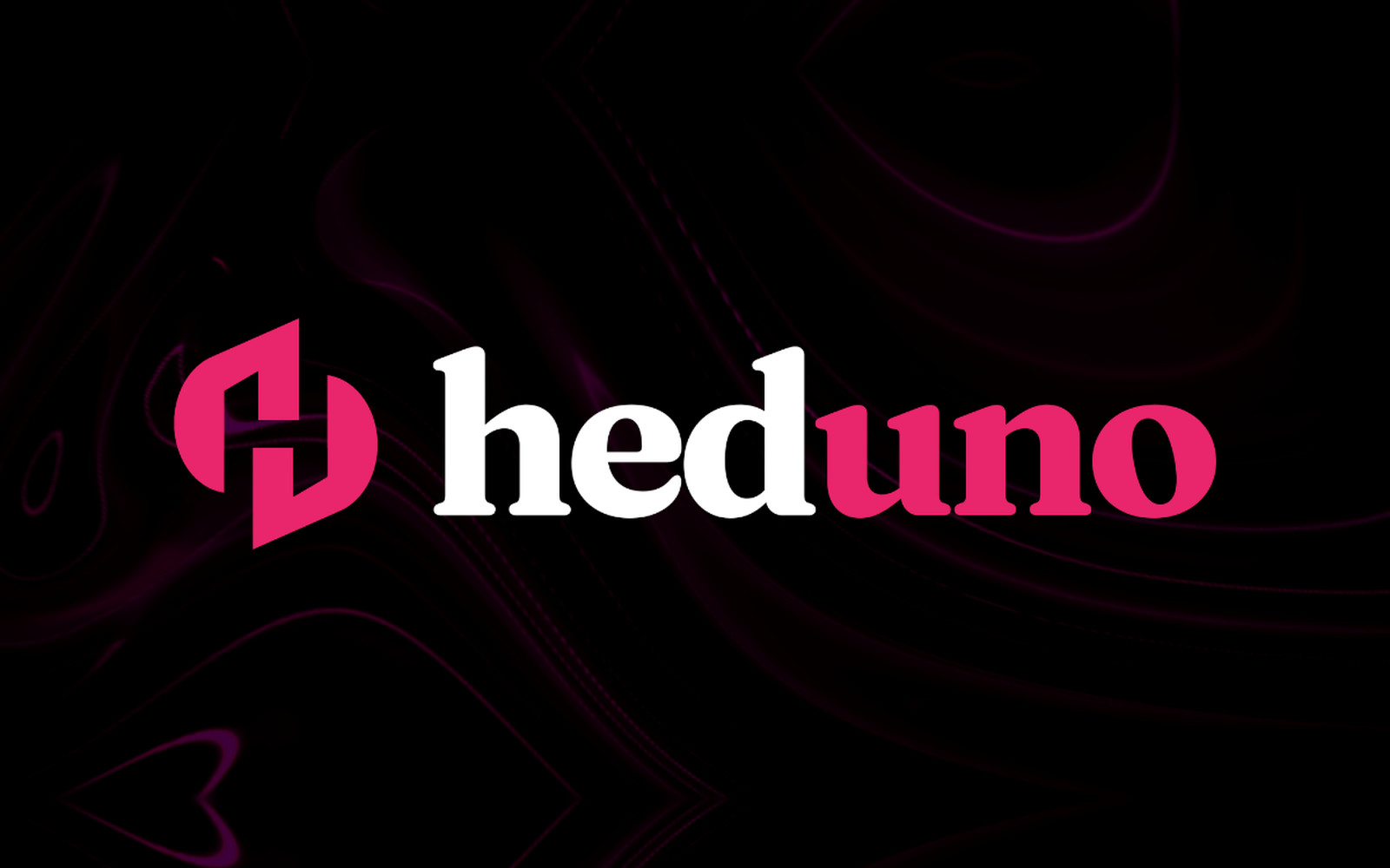 Heduno brand artwork — the heduno mark and wordmark in magenta and white over a dark liquid swirl